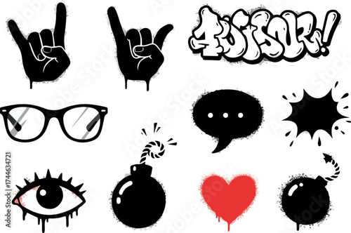 Graffiti art elements collection with various symbols and shapes.