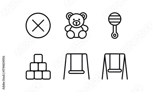 Minimalist black and white vector icons set featuring baby toys and playground elements vector