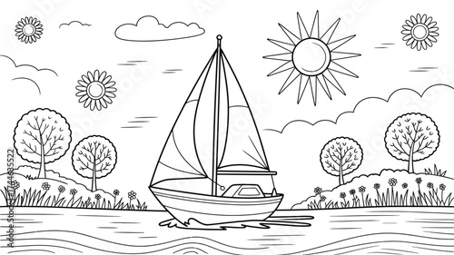 Black and white line art illustration of a sailboat on water under sunny skies vector art vector