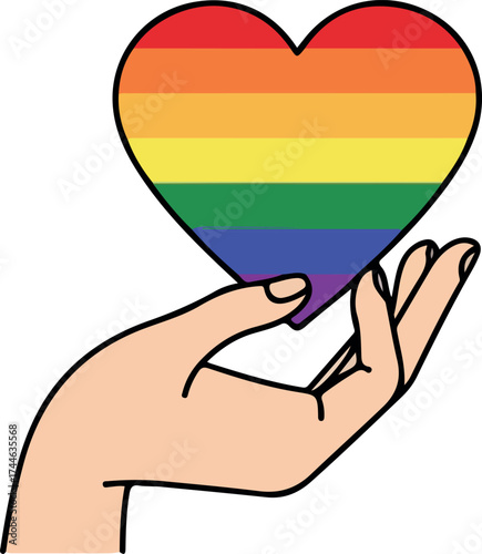 Hand holding a rainbow heart symbol representing love and pride.