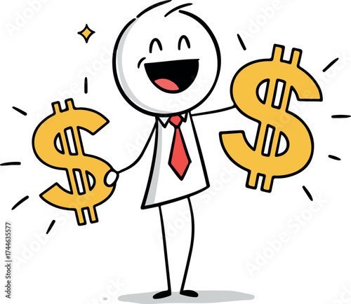 Happy businessman holding dollar signs showing financial success and wealth.