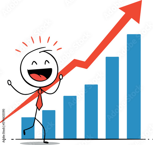 Happy stick figure celebrates business growth and success with rising graph.