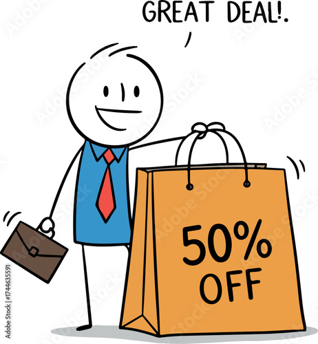 Happy person with shopping bag showing fifty percent off great deal.
