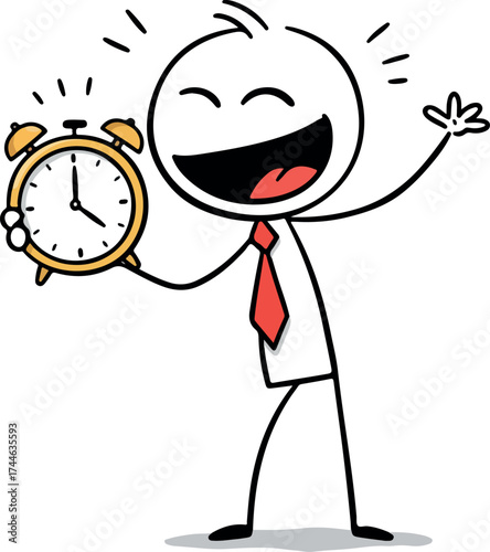 Happy stick figure holding alarm clock celebrating time management.