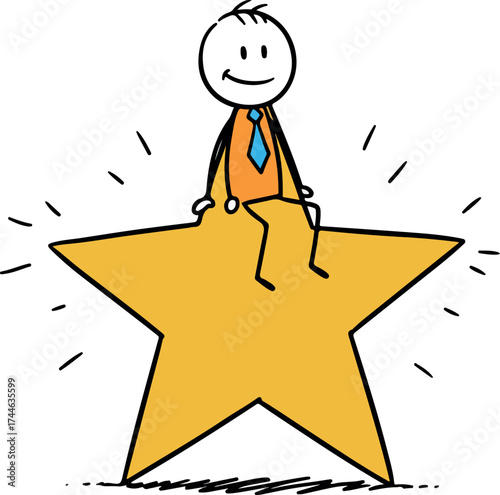 Happy stick figure sitting on a golden star representing success and achievement.