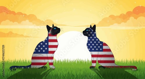 Patriotic felines silhouetted against a golden sunset two cats adorned with american flag patterns evoke national pride outdoors