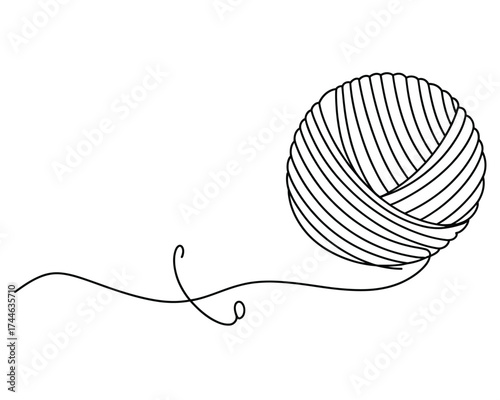 Delicate black and white line drawing illustration of a ball of yarn and unraveling thread scalable vector graphic vector