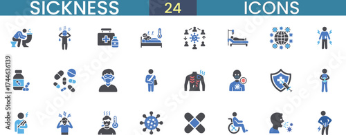 Collection of 24 sickness icons representing health conditions and medical care elements vector
