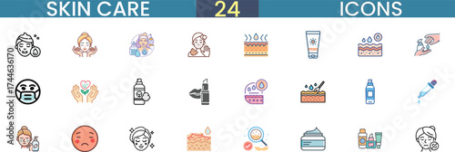Collection of 24 essential skin care icons representing beauty health and wellness treatments vector