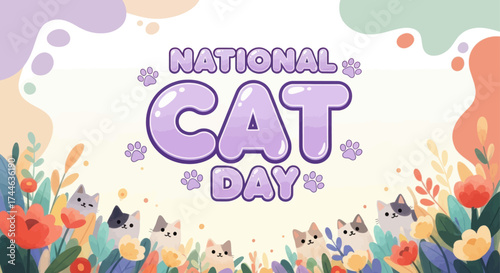 Cute cartoon cats celebrate national cat day with joyful expressions and festive decorations whimsical art