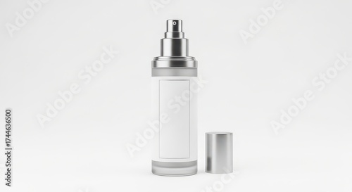 Luxury cosmetic airless pump bottle with a silver cap and a blank white label for a branding mockup, isolated on a white background