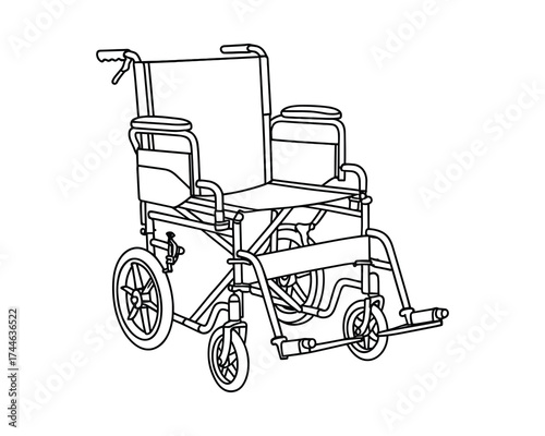 Detailed Line Art Illustration of a Manual Wheelchair for Medical Equipment Guides.