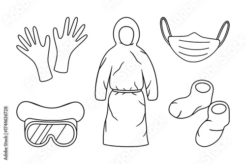 Outline illustration depicting protective gear, featuring a gown, mask, gloves, and booties.