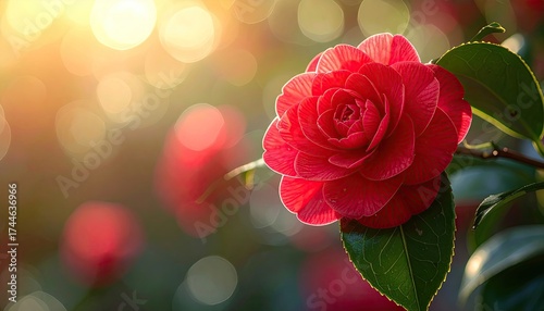 Macro Shot of Blooming Red Camellia Flower with Dew Drops and Green Leaves Natural Daylight Highlighting The Petals in Bokeh Background