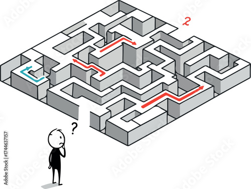 Intricate maze challenge with a person contemplating the solution path.