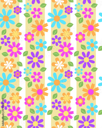 Wallpaper Mural Colorful flower pattern with blue, purple, pink, orange, and white petals on beige vertical stripes, decorated with green leaves, creating cheerful and vibrant design Torontodigital.ca