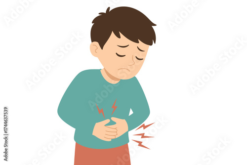 Simple cartoon illustration of a young boy feeling sick or experiencing stomach pain vector art vector