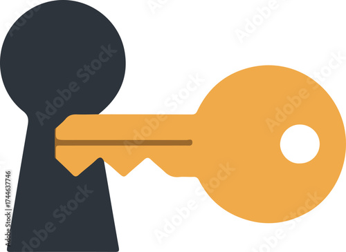 Key inserted into keyhole unlocking access and security concept illustration.