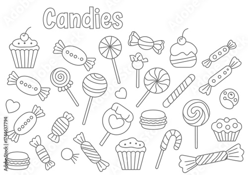 Vector illustration of various candies and cupcakes in scalable line art for digital and print design vector