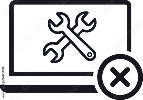 Laptop screen displaying crossed wrenches indicating system repair failure or error.