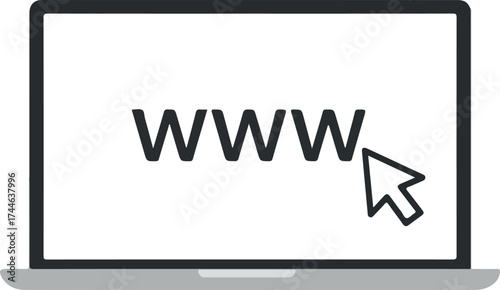 Laptop screen displaying WWW with a cursor pointing towards it.