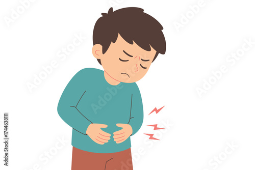 Cartoon vector illustration of a young boy experiencing stomach pain painful discomfort flat icon scalable eps vector