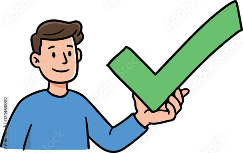 Man holding a large green checkmark symbol indicating approval and success.