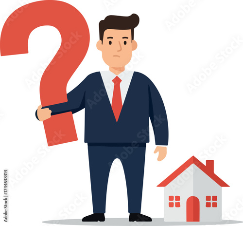 Man in suit holding question mark near house representing real estate.
