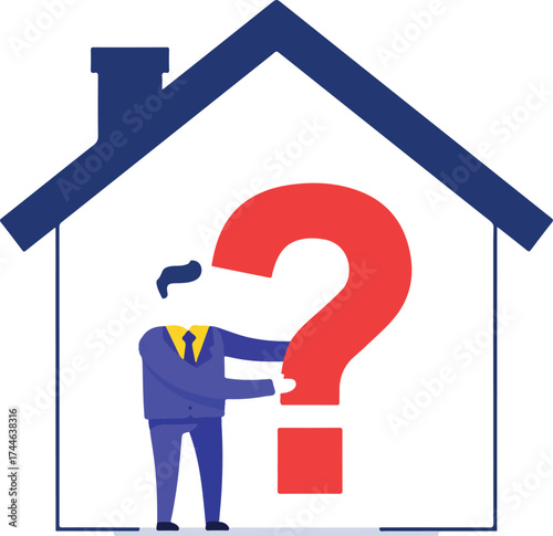 Man inside house holding a big question mark symbol.