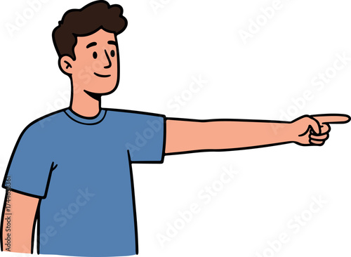 Man pointing his finger towards the right side with a smile on his face.