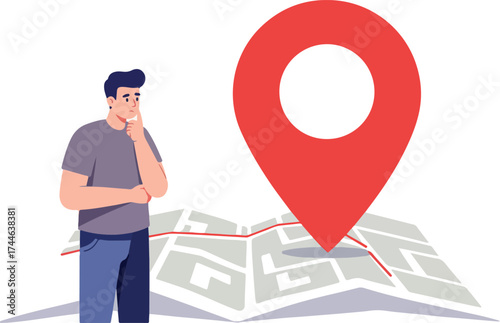 Man pondering location with map and marker searching for destination.