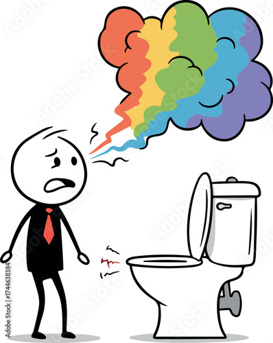 Man reacts to colorful fumes emanating from toilet bowl.