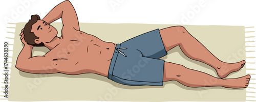 Man relaxing on a towel with his hands behind his head.