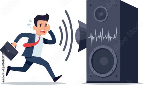 Man running away from loud speaker sound waves with briefcase.
