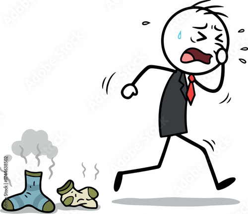 Man running away from stinky socks in a panic.
