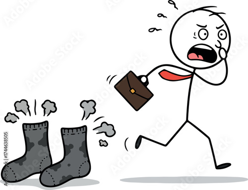 Man running away from stinky socks with a briefcase in hand.