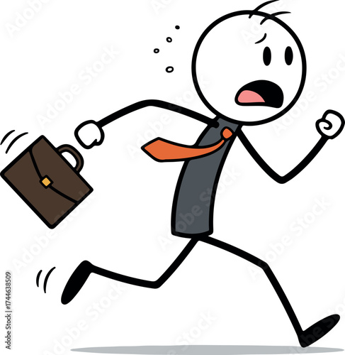 Man running late with briefcase in hand looking stressed and panicked.