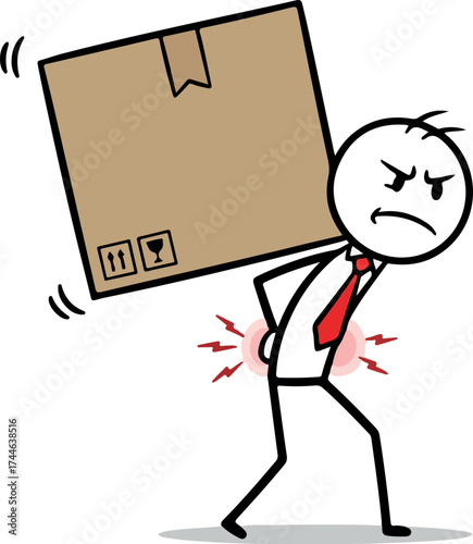 Man struggling with heavy box experiencing back pain cartoon illustration.