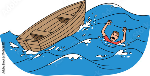 Man struggling in water near a sinking boat seeking rescue desperately.