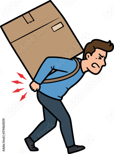 Man struggling with heavy box experiencing back pain from lifting.