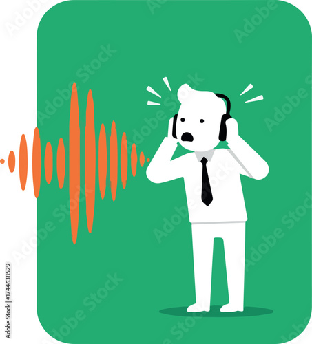 Man wearing headphones overwhelmed by loud sound waves.