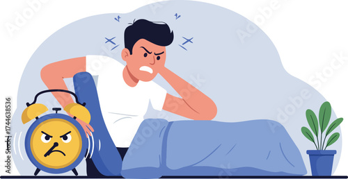 Man waking up angry with alarm clock in the morning.