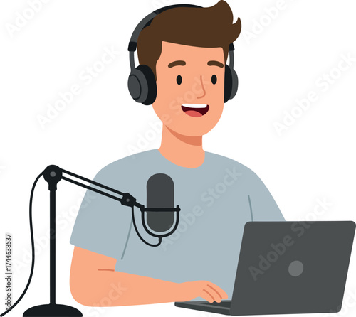 Man with headphones recording podcast using microphone and laptop.