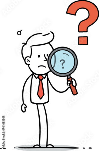 Man with magnifying glass looking for answers to questions.