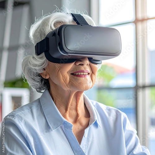 Elderly woman enjoying virtual reality experience