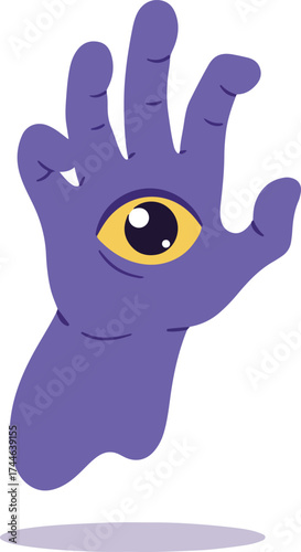 Mysterious purple hand with an eye in the palm looking forward.