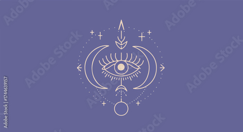 Mystical eye symbol with crescent moons and stars on purple background.