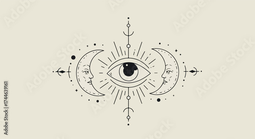 Mystical Eye and Crescent Moons Celestial Symbolism Design.