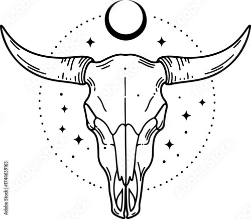 Mystical bull skull illustration with celestial elements and decorative design.