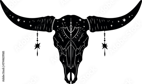 Mystical bull skull silhouette with celestial details and hanging stars.